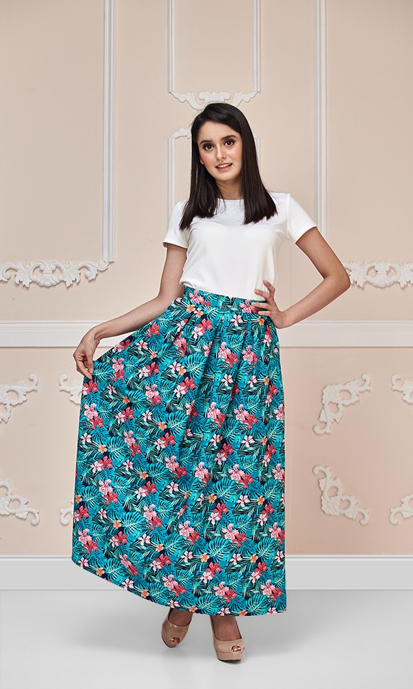 Hawaiian Maxi Skirt with Green Leaves