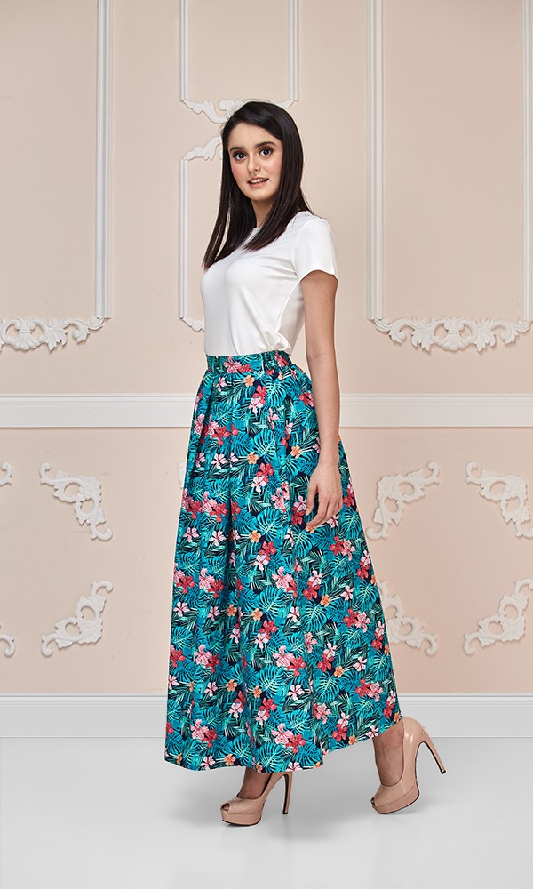 Hawaiian Maxi Skirt with Green Leaves