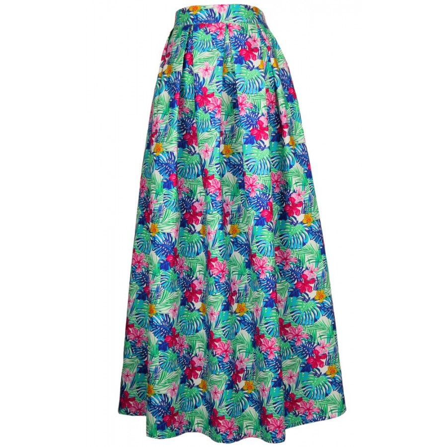 Hawaiian Maxi Skirt with Green/Blue Leaves